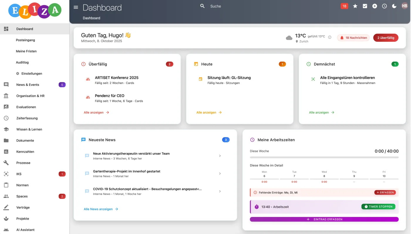 ELIZA Dashboard mit Aufgaben, Meldungen und Kennzahlen
