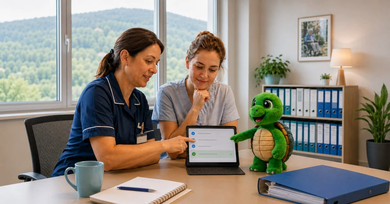 Zwei Pflegefachpersonen arbeiten gemeinsam mit ELIZA und Lizzy an einem Tablet