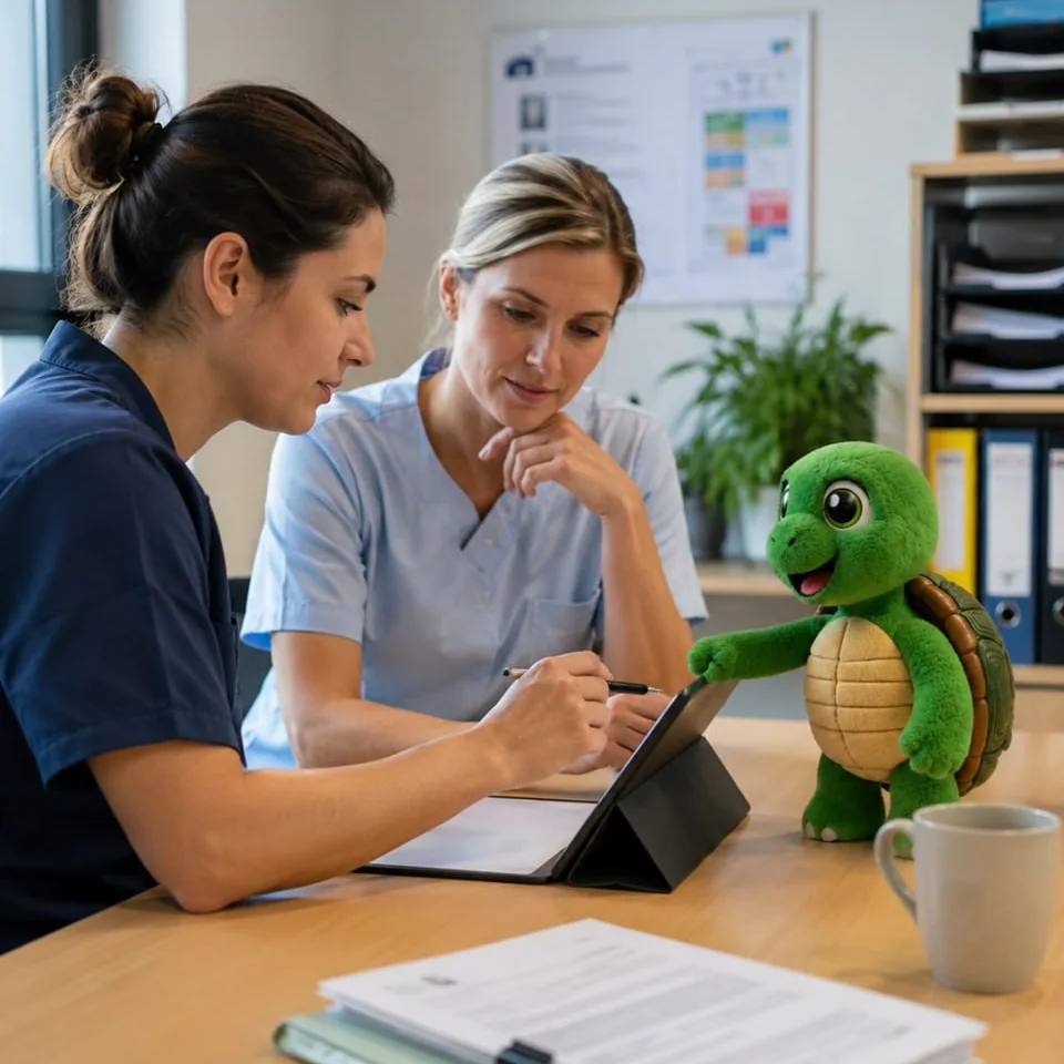 Zwei Pflegefachpersonen arbeiten gemeinsam mit Lizzy an einem Tablet