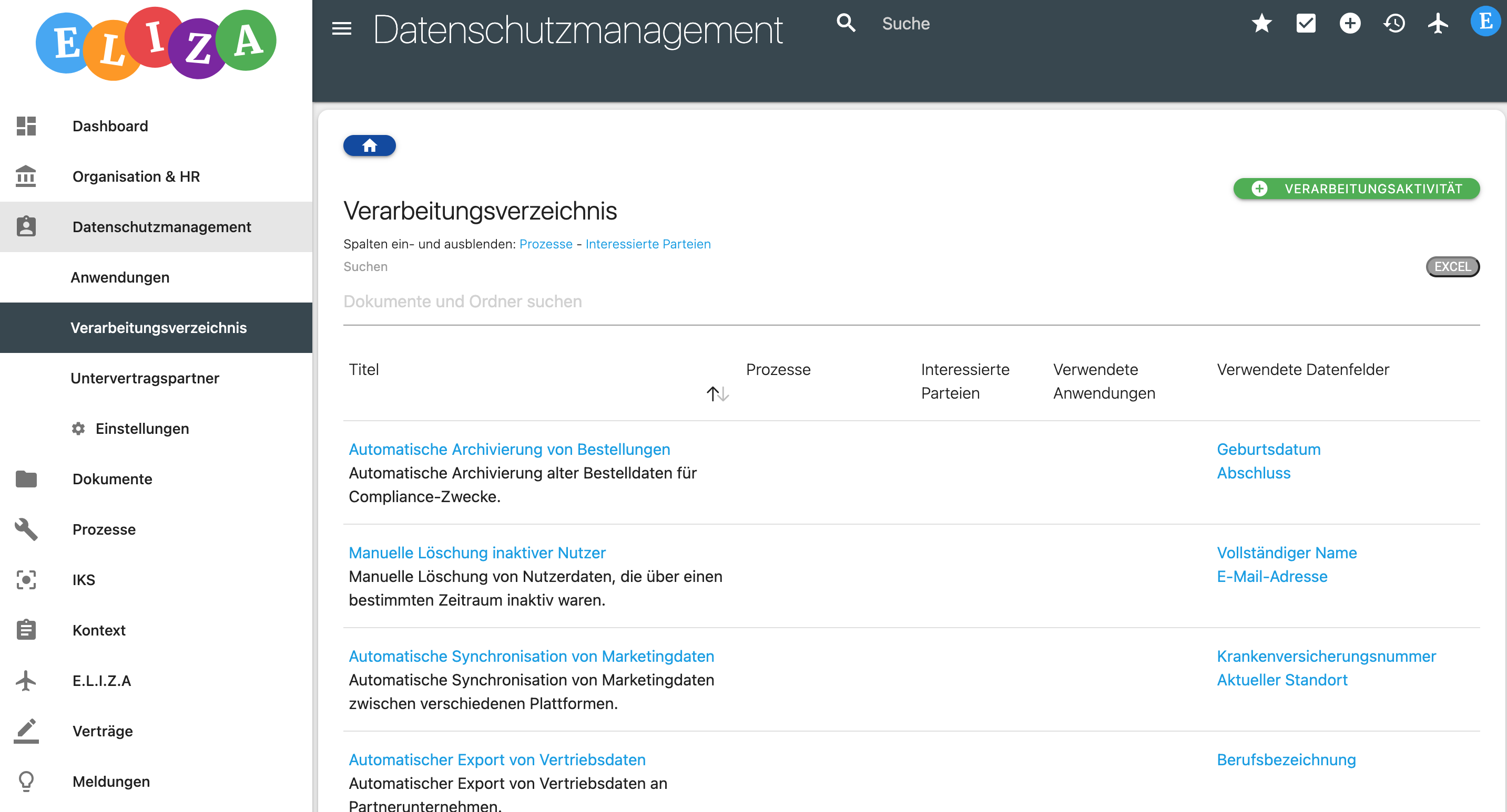 Screenshot der ELIZA Datenschutzmanagement Software