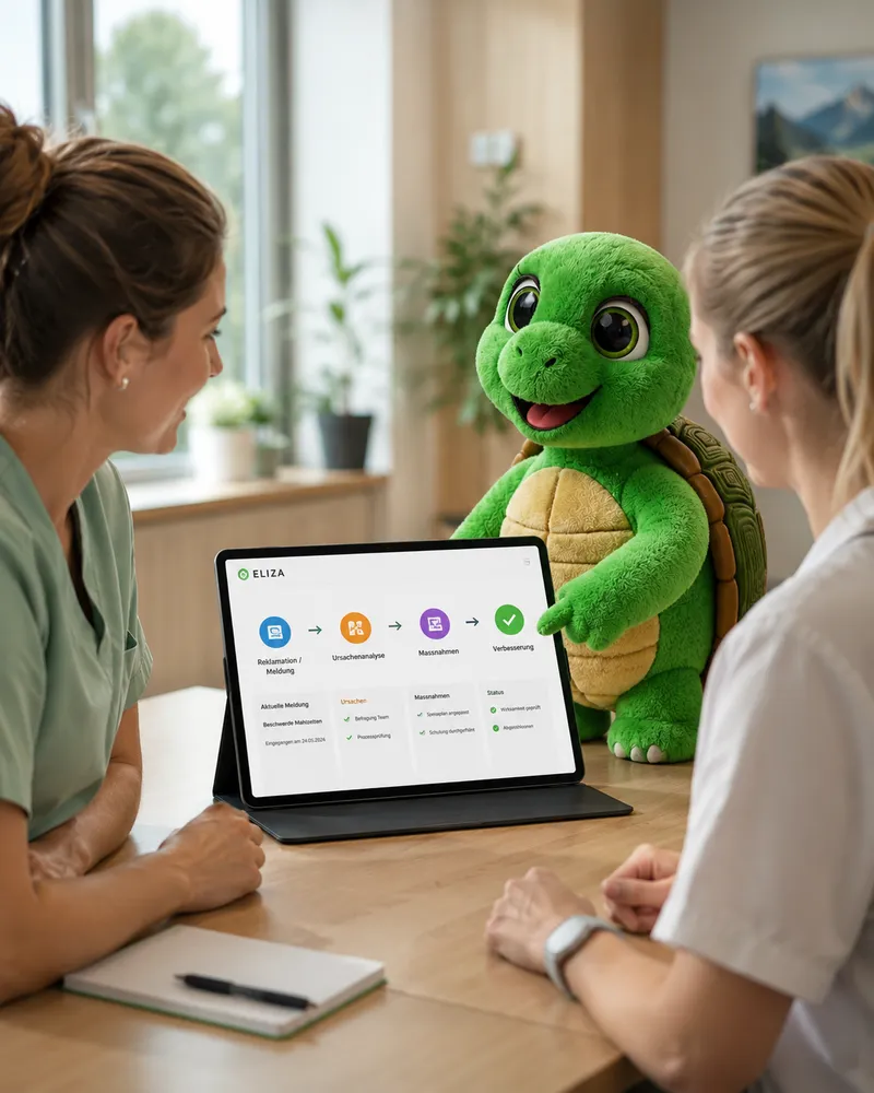 Zwei Pflegefachpersonen besprechen mit Lizzy den Verbesserungsprozess auf dem Tablet