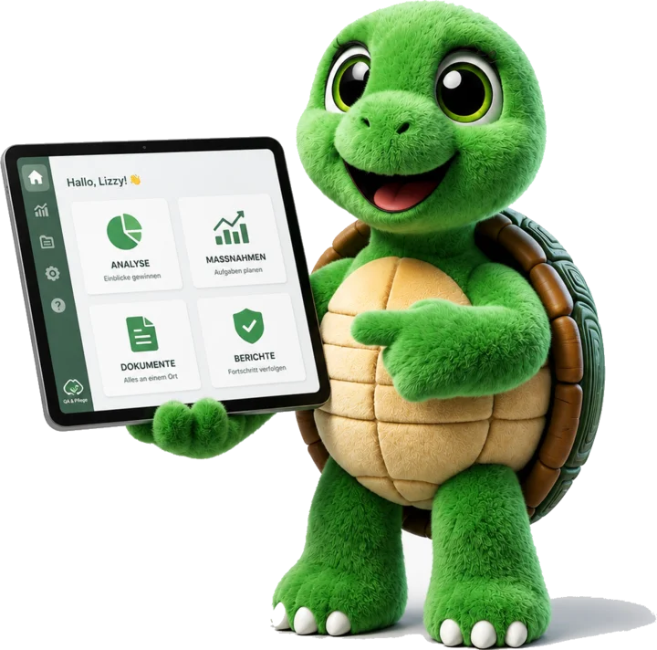 Lizzy zeigt auf ein Tablet mit dem ELIZA-Dashboard