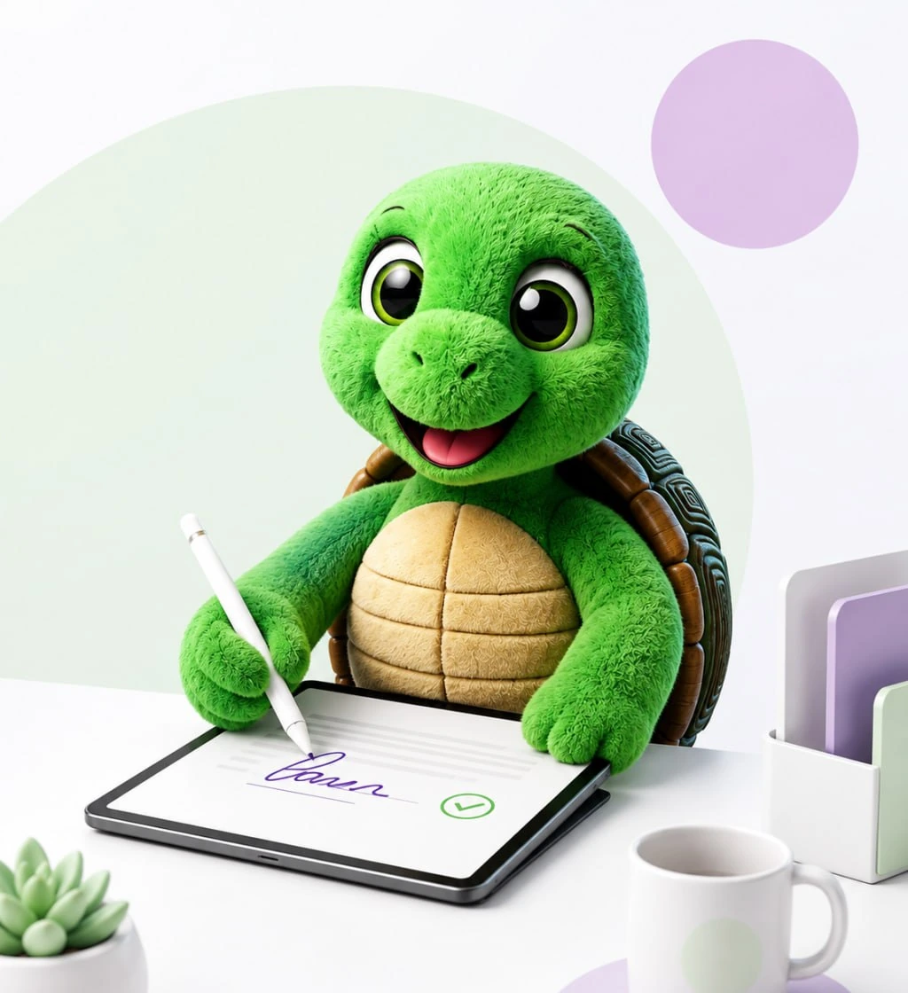 Lizzy, die grüne ELIZA-Schildkröte, unterschreibt elektronisch mit einem Eingabestift auf einem Tablet