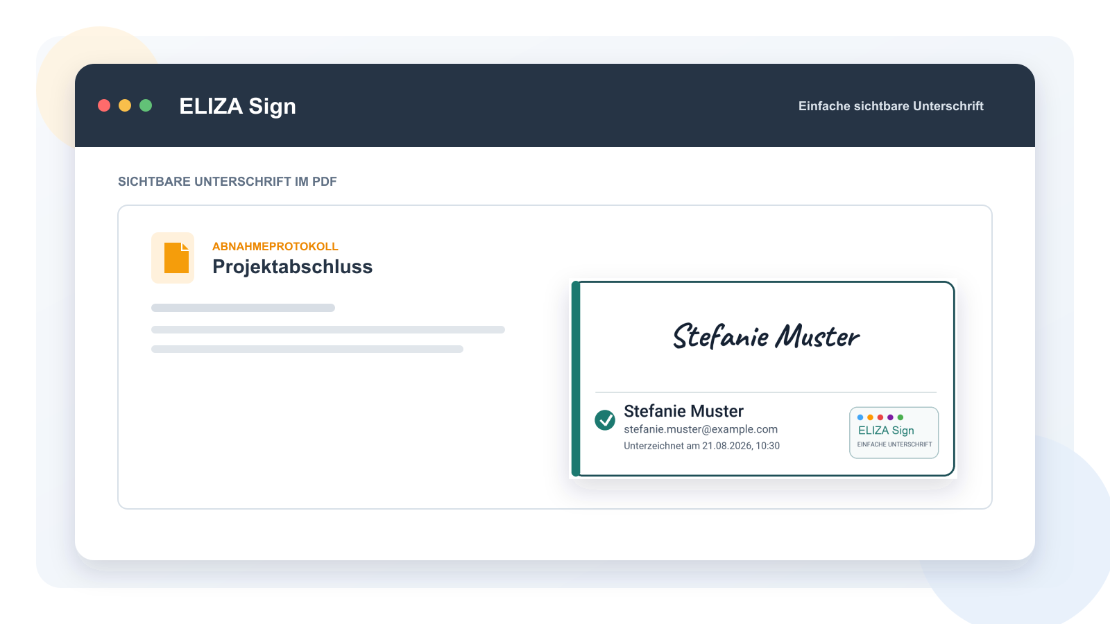 Sichtbares ELIZA Sign-Unterschrifts-Badge im PDF: Stefanie Muster in der ELIZA Sign-Handschrift Caveat, darunter fiktive Beispieldaten und die Kennzeichnung Einfache Unterschrift