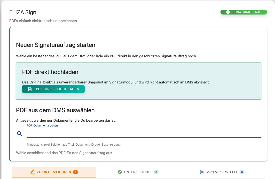 ELIZA Sign mit den Möglichkeiten, ein PDF direkt hochzuladen oder aus dem Dokumentenmanagement auszuwählen