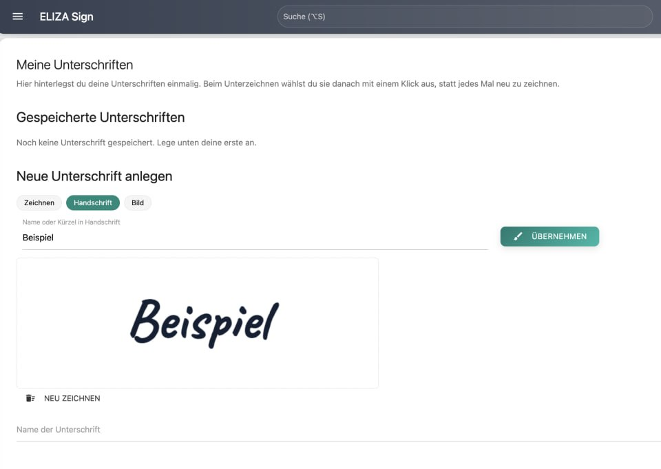 ELIZA Sign im Bereich Meine Unterschriften mit den Auswahlmöglichkeiten Zeichnen, Handschrift und Bild sowie einer fiktiven Beispiel-Unterschrift